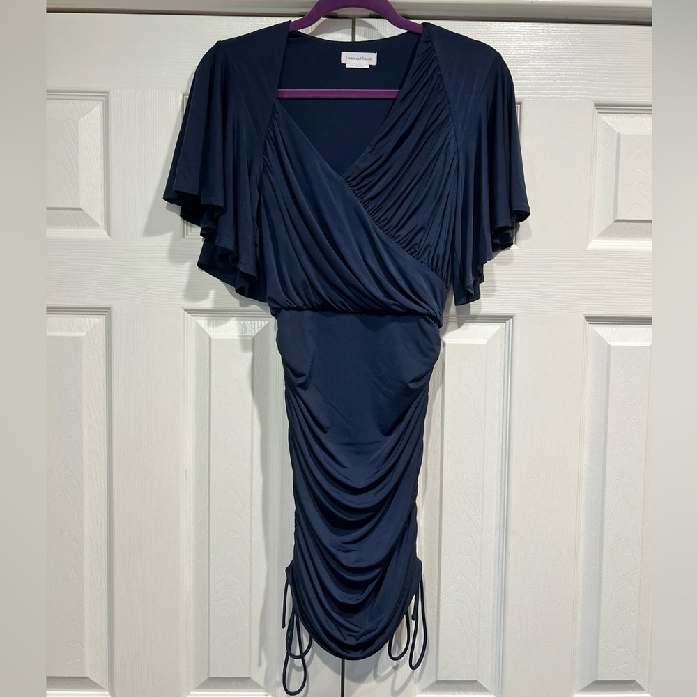 Lovers & Friends Womens Dress S Jersey Ruched Cocktail Short Flutter Sleeve Navy